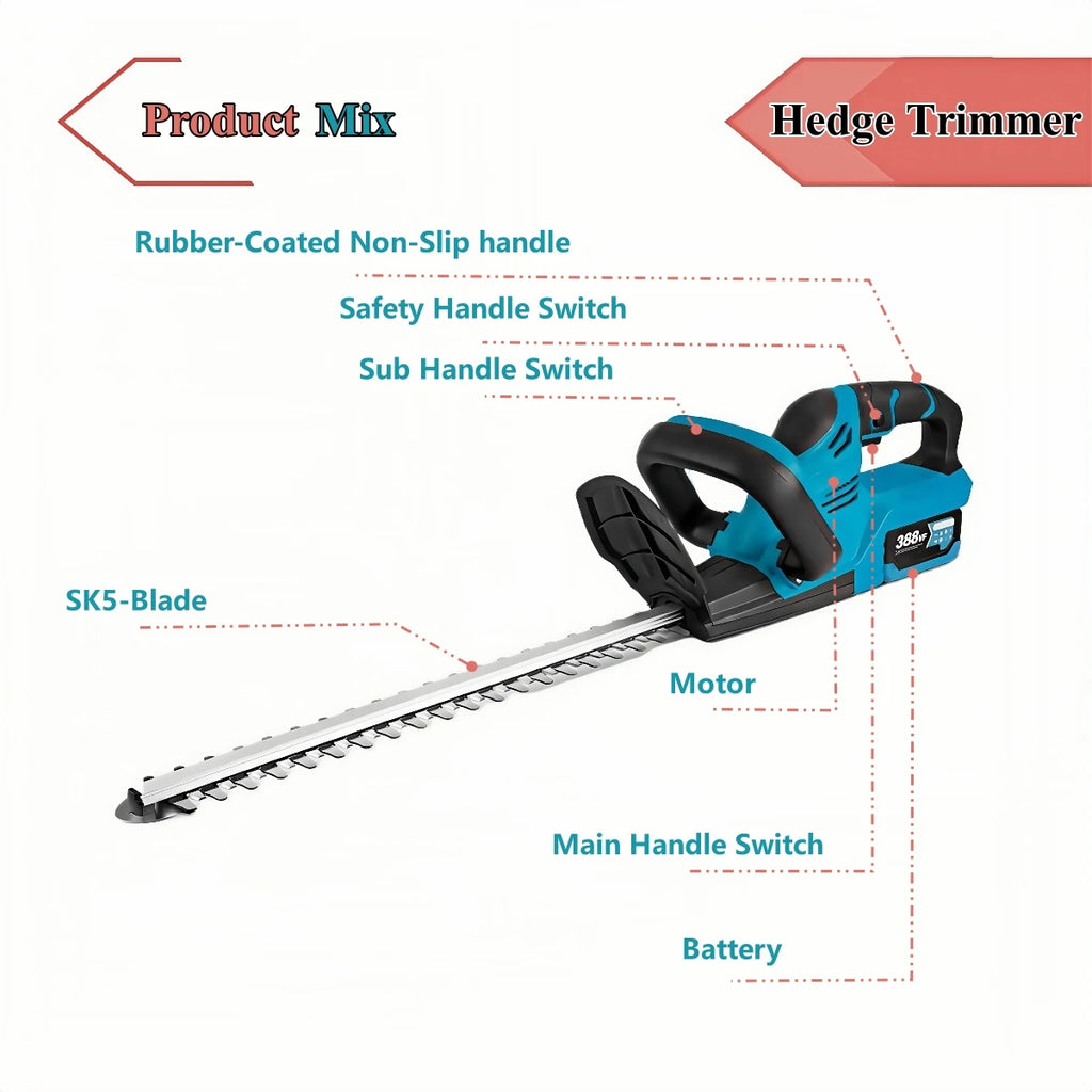 2000W Brushed Electric Hedge Trimmer 15000 RPM Lawn Mower Garden Landscaping Hedge Pruner Trimmer Tool For Makita 18V Battery