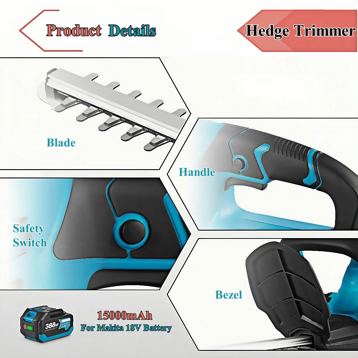 2000W Brushed Electric Hedge Trimmer 15000 RPM Lawn Mower Garden Landscaping Hedge Pruner Trimmer Tool For Makita 18V Battery
