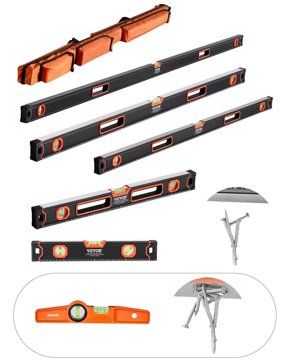 6-Piece Torpedo Level, 78/48/32/24/16/10 Inch Box Levels Set, Bubble Vials Ruler for 45/90/180 Degree, Shock-Proof Aluminum Alloy Magnetic Leveler Tool, SAE/Metric Scale
