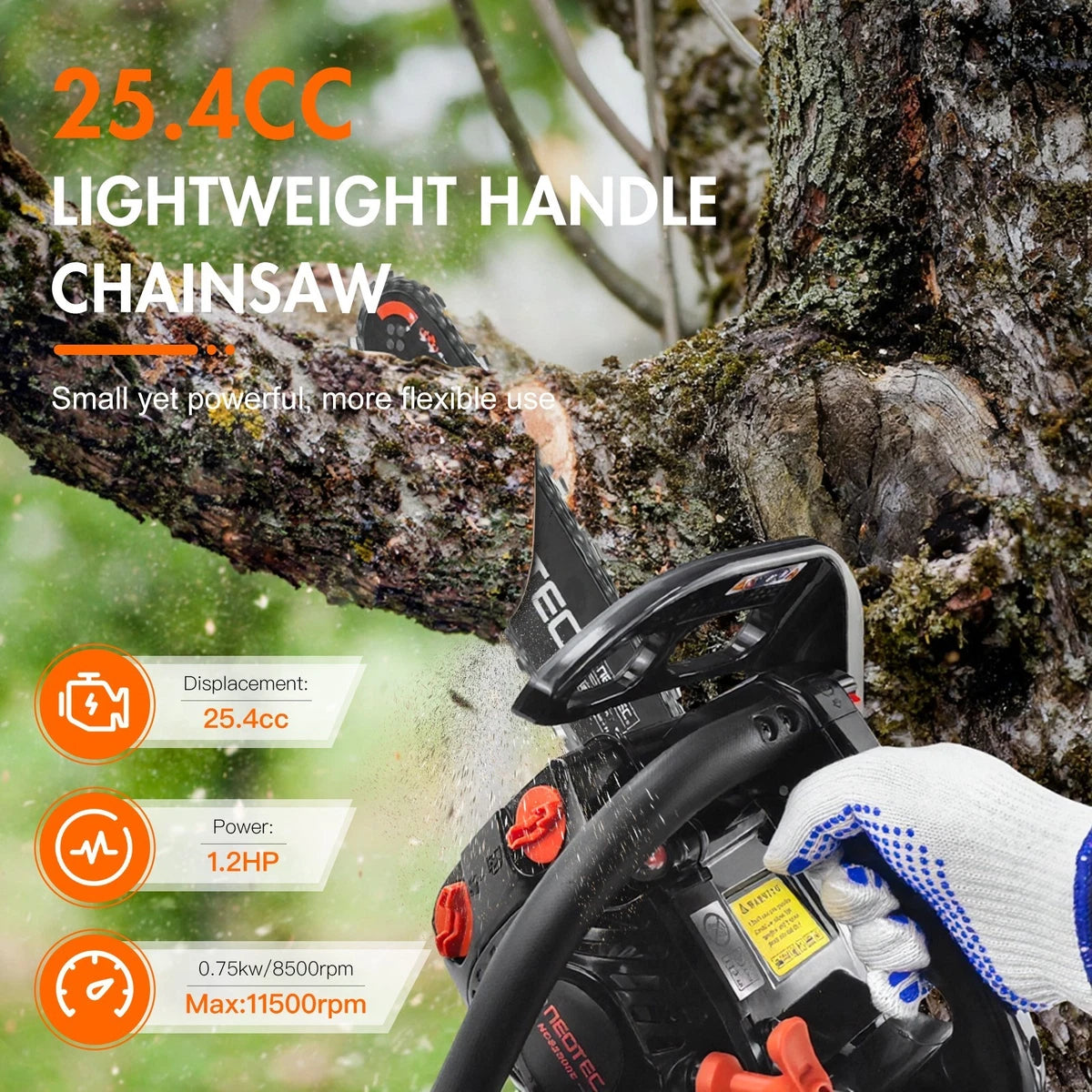 25.4cc Gas Top Handle Chainsaw with 12'' Bar Chain 2-Stroke Engine Cut Tree Wood