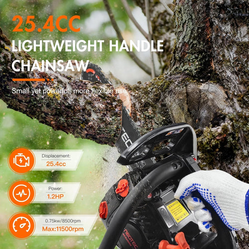 25.4cc Gas Top Handle Chainsaw with 12'' Bar Chain 2-Stroke Engine Cut Tree Wood
